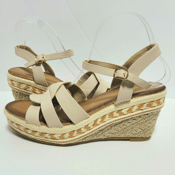Espadrille Wedge Platform Sandals Sz 9 41 Cream Faux Leather Buckle Ankle Strap - Picture 5 of 16